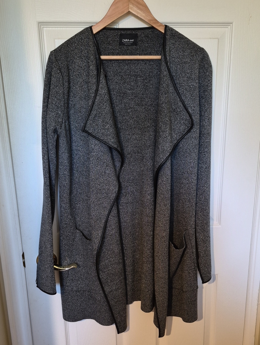 Zara Knit Grey Melange Open Front Cardigan with Faux Leather Trim - Size M
